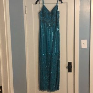 Sue Wong Turquoise Beaded Evening Gown